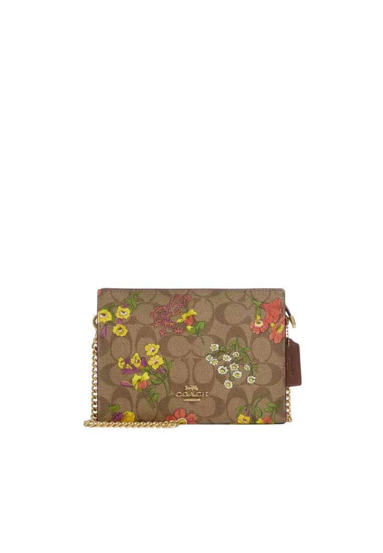 ( AS IS ) Coach Slim Signature Canvas Crossbody Bag With Floral Print In Khaki Multi CR240