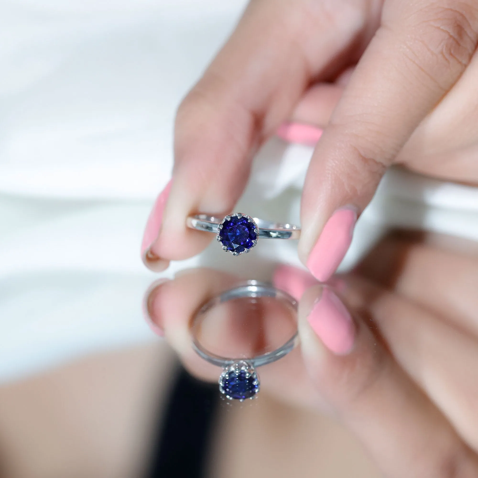 1 CT Lotus Basket Set Created Blue Sapphire Solitaire Ring