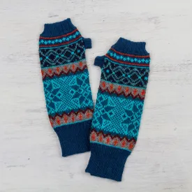 100% Alpaca Fingerless Gloves in Azure and Smoke from Peru - Andean Snowfall | NOVICA