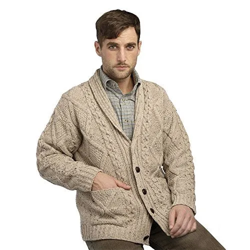 100% Irish Merino Wool Aran Button Cardigan,Oatmeal Extra Large