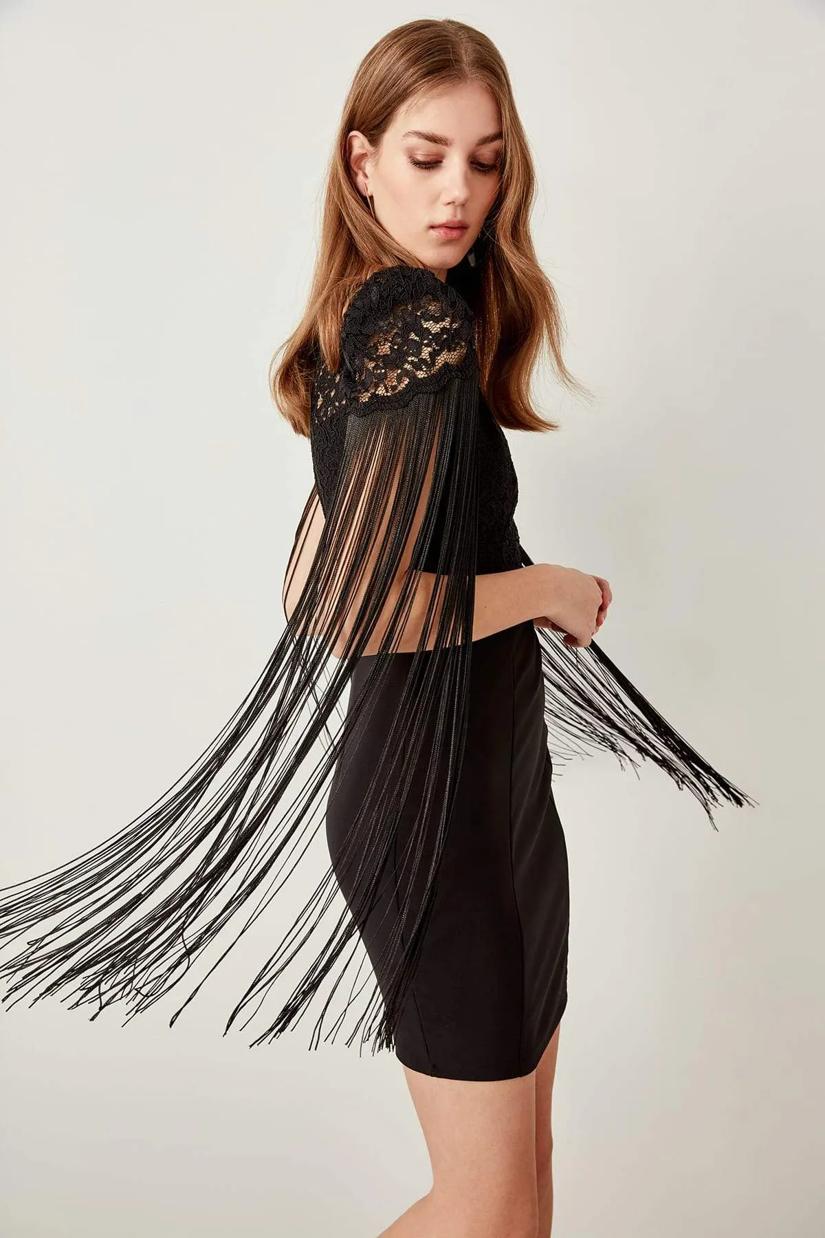 10852 Black Tassel Sleeve Lace Dress