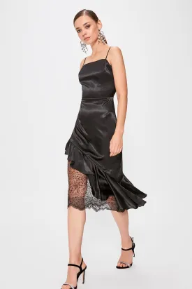 10893 Black Ruffle Lace Satin Strap Dress