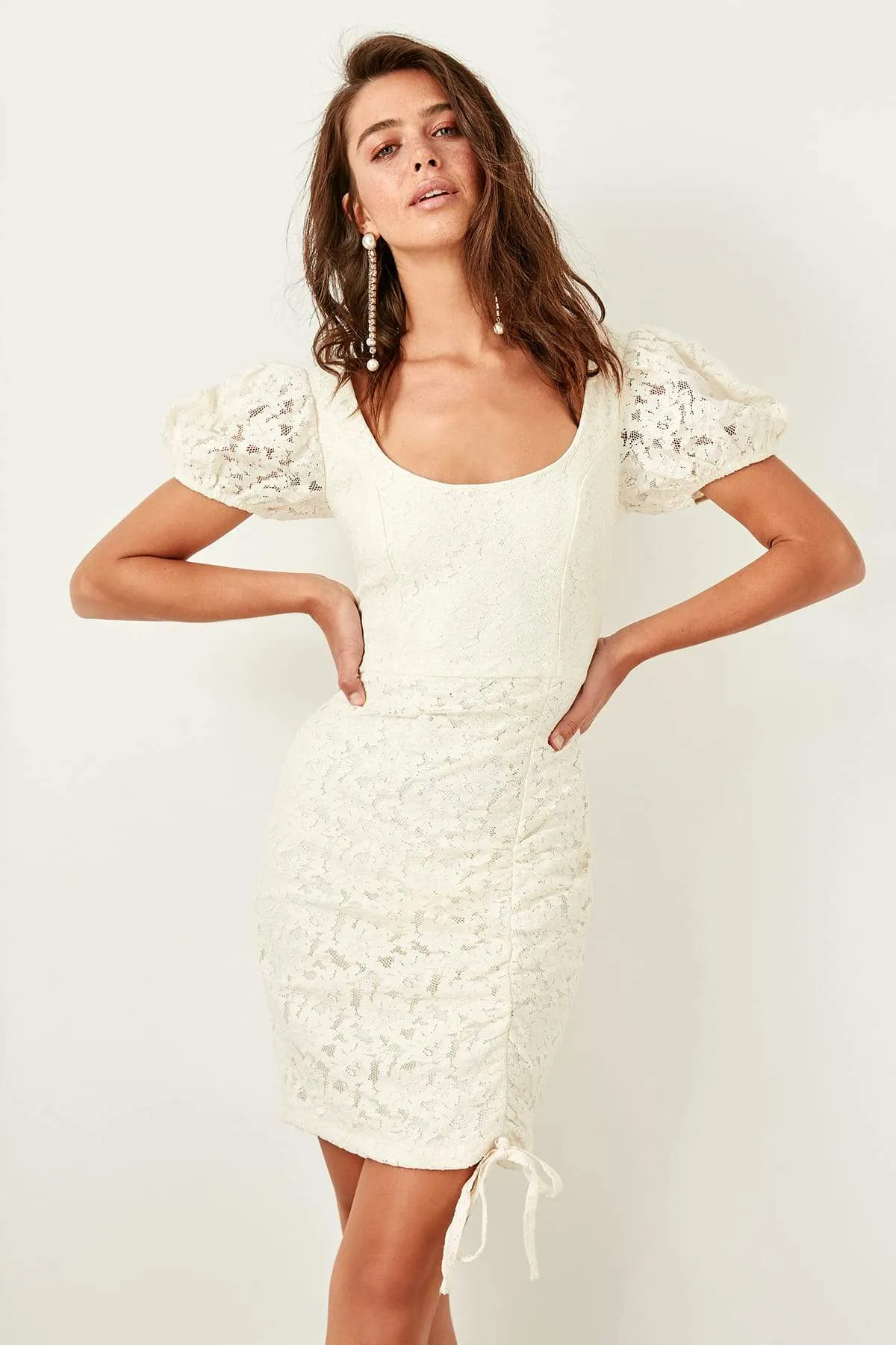 10919 Ecru Ruched Puff Sleeve Lace Dress