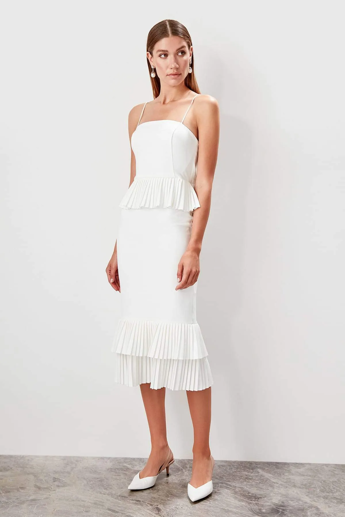 10920 Ecru Pleated Frill Midi Dress