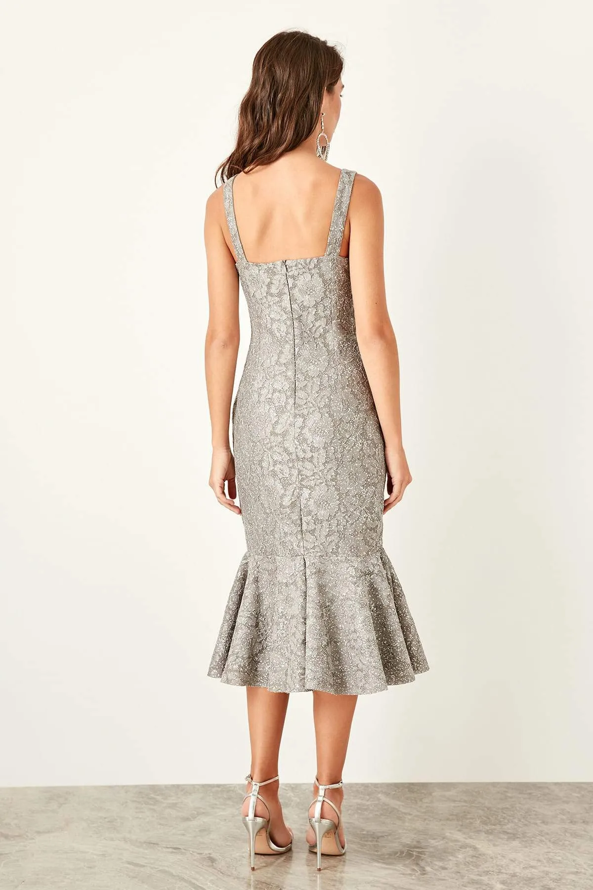 10929 Grey Silvery Midi Lace Dress