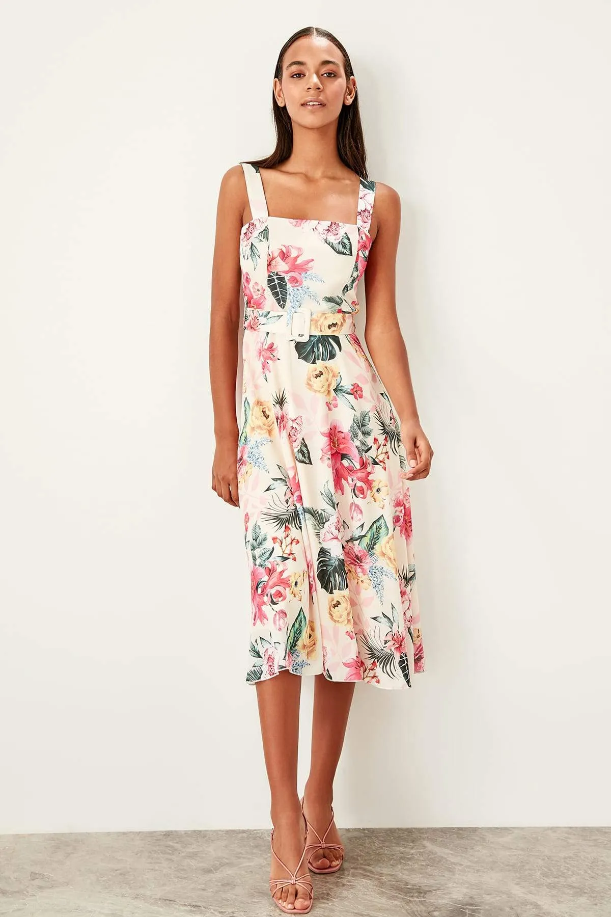 10939 Multi Colour Floral Belted Dress