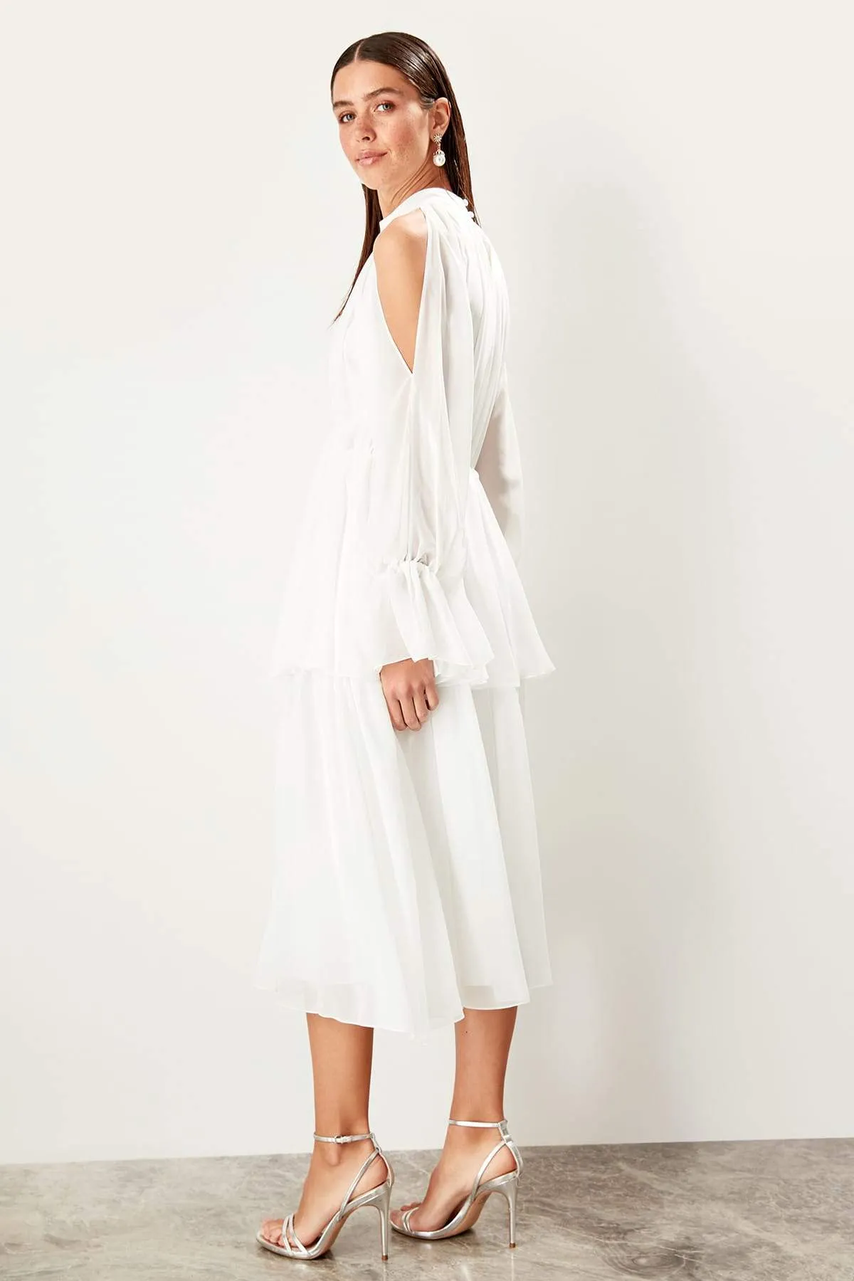 10941 Off-White Tiered Cold Shoulder Chiffon Dress