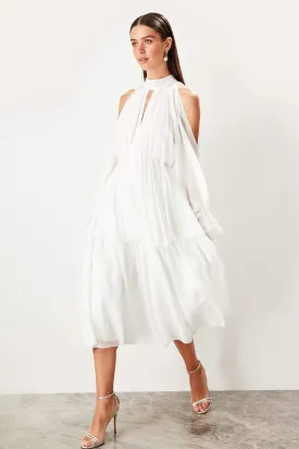 10941 Off-White Tiered Cold Shoulder Chiffon Dress