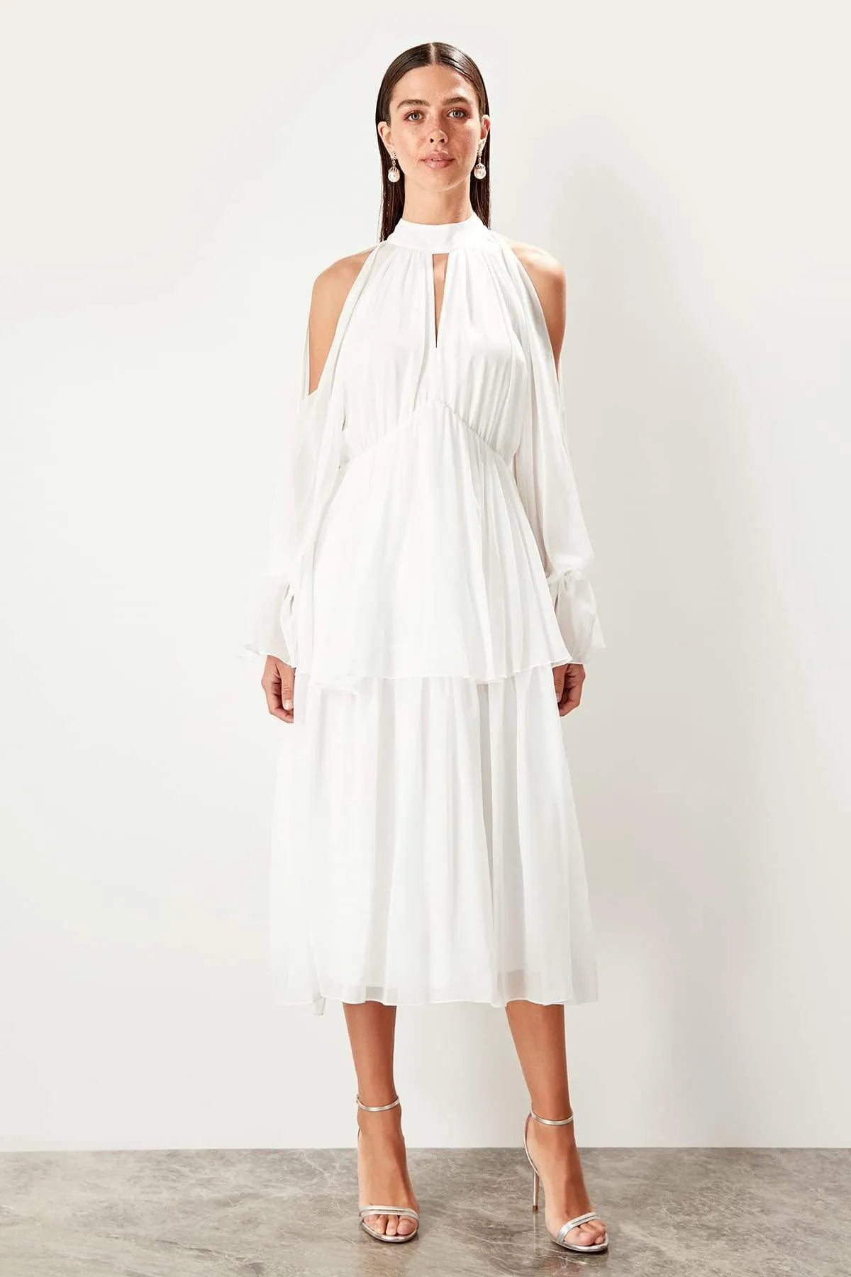 10941 Off-White Tiered Cold Shoulder Chiffon Dress