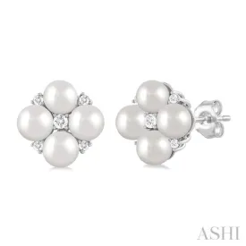 1/10 ctw Floral 4X4 MM Cultured Pearls and Round Cut Diamond Fashion Stud Earring in 10K White Gold