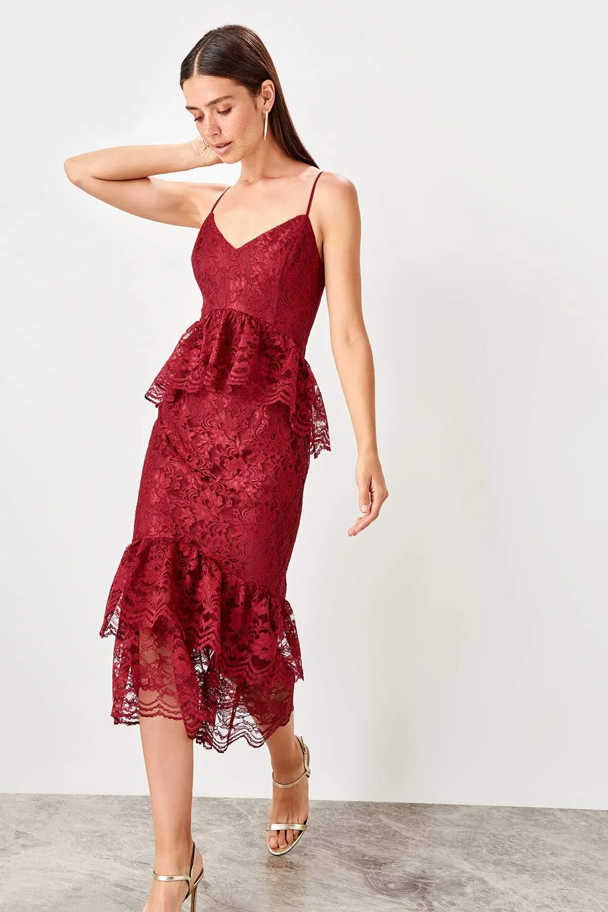 11640 Bordeaux Lace Peplum Dress