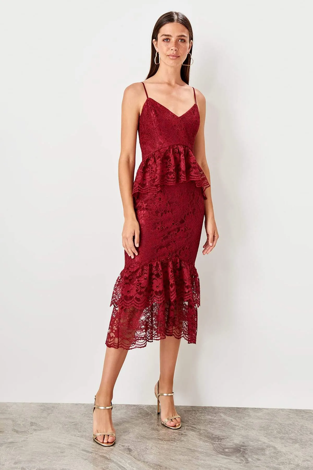 11640 Bordeaux Lace Peplum Dress