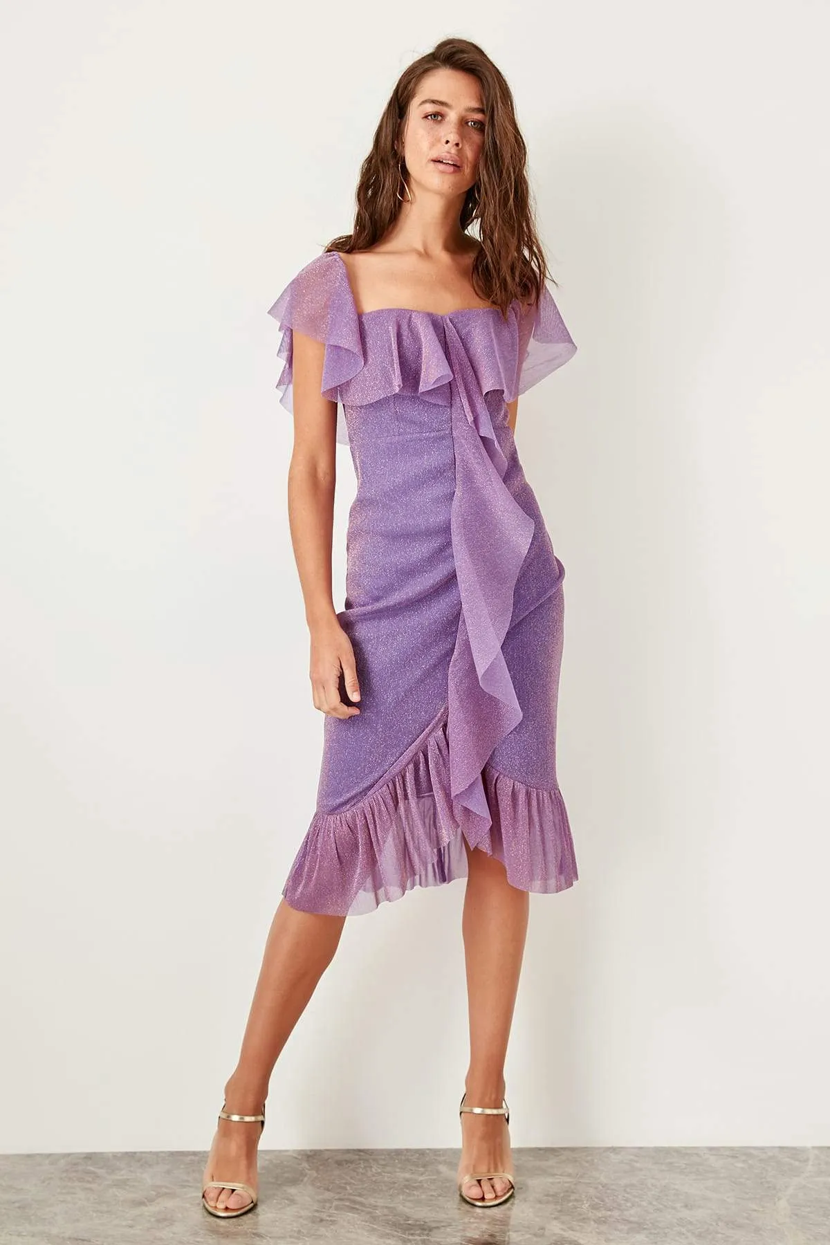 11656 Lilac Off-Shoulder Shimmer Dress