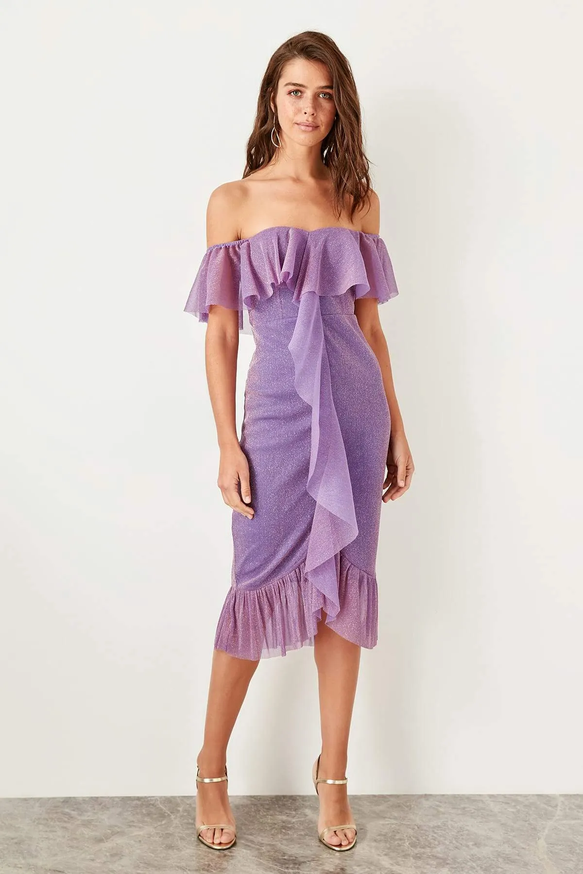 11656 Lilac Off-Shoulder Shimmer Dress