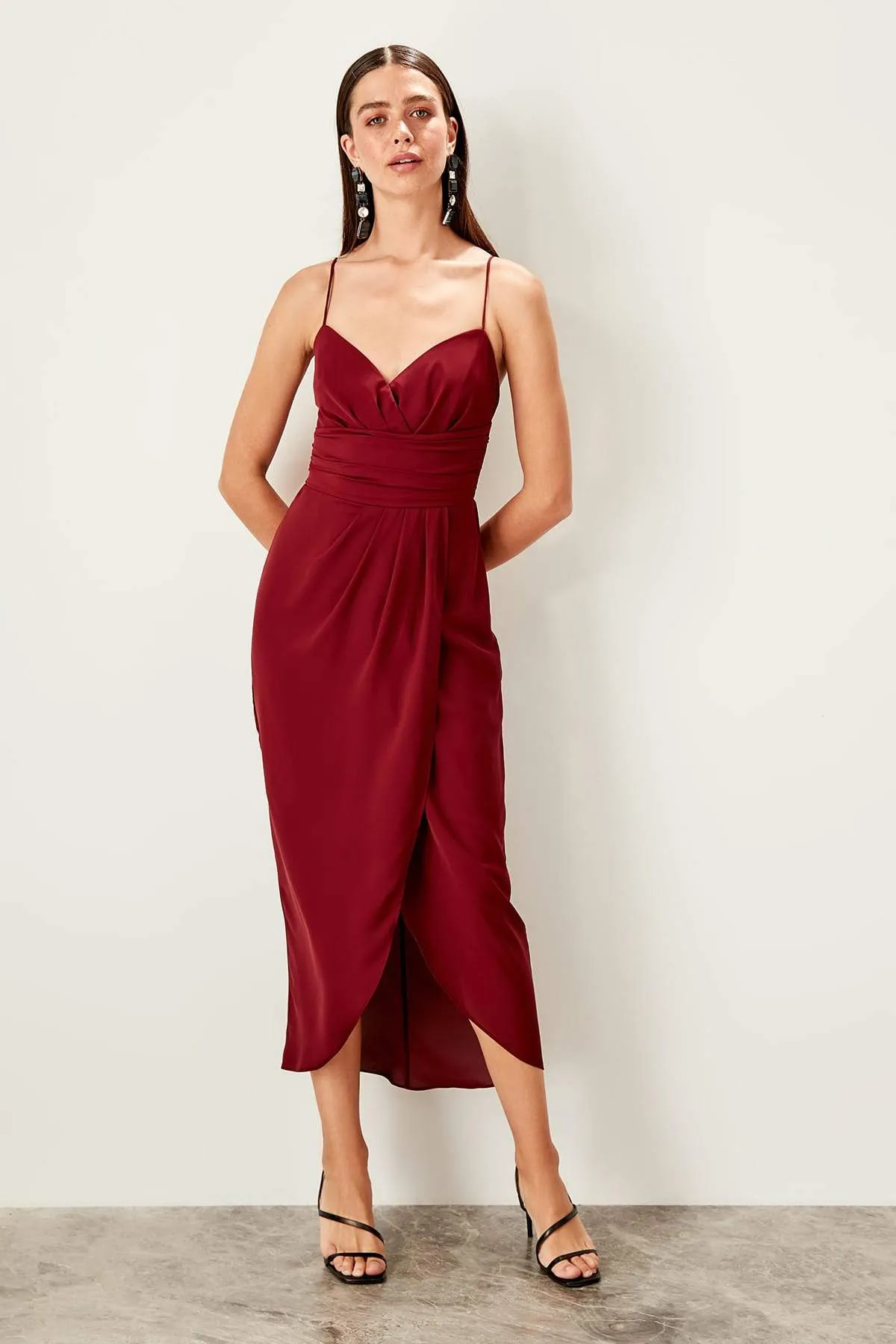 11662 Burgundy Draped Midi Dress