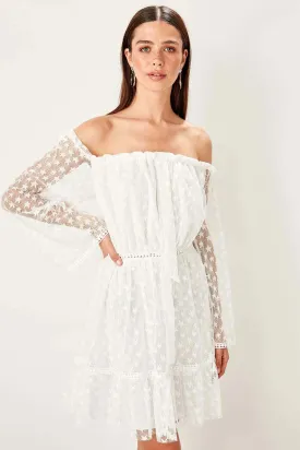 11674 Ecru Off-Shoulder Fishnet Dress