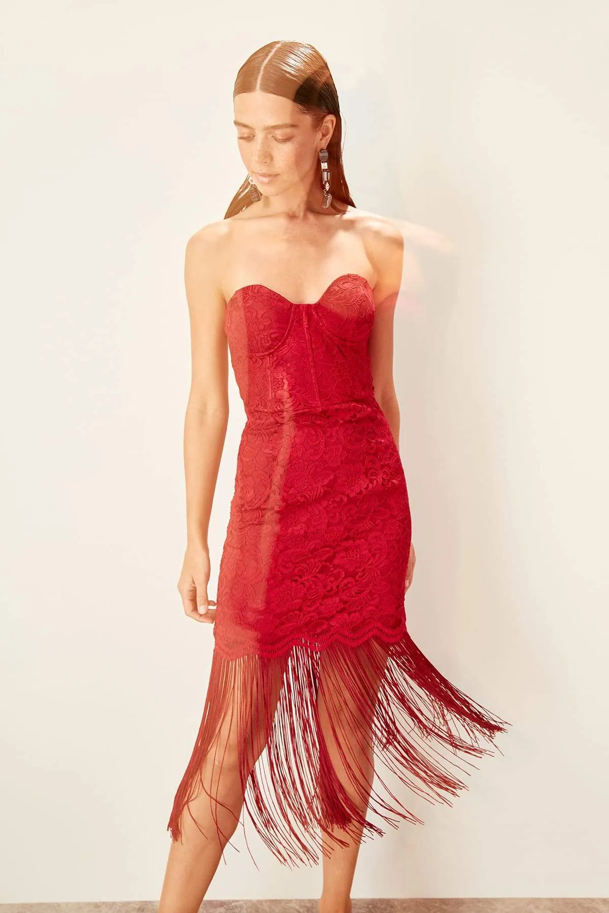 11677 Burgundy Strapless Tassel Lace Dress