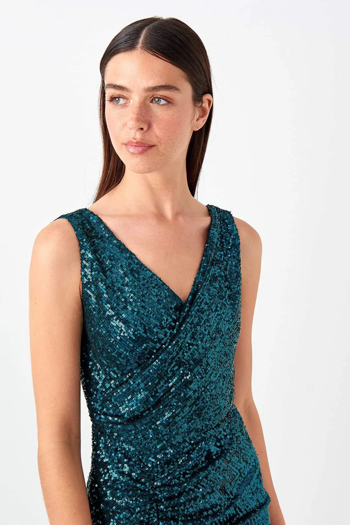 11698 Emerald Green Draped Sequins Dress