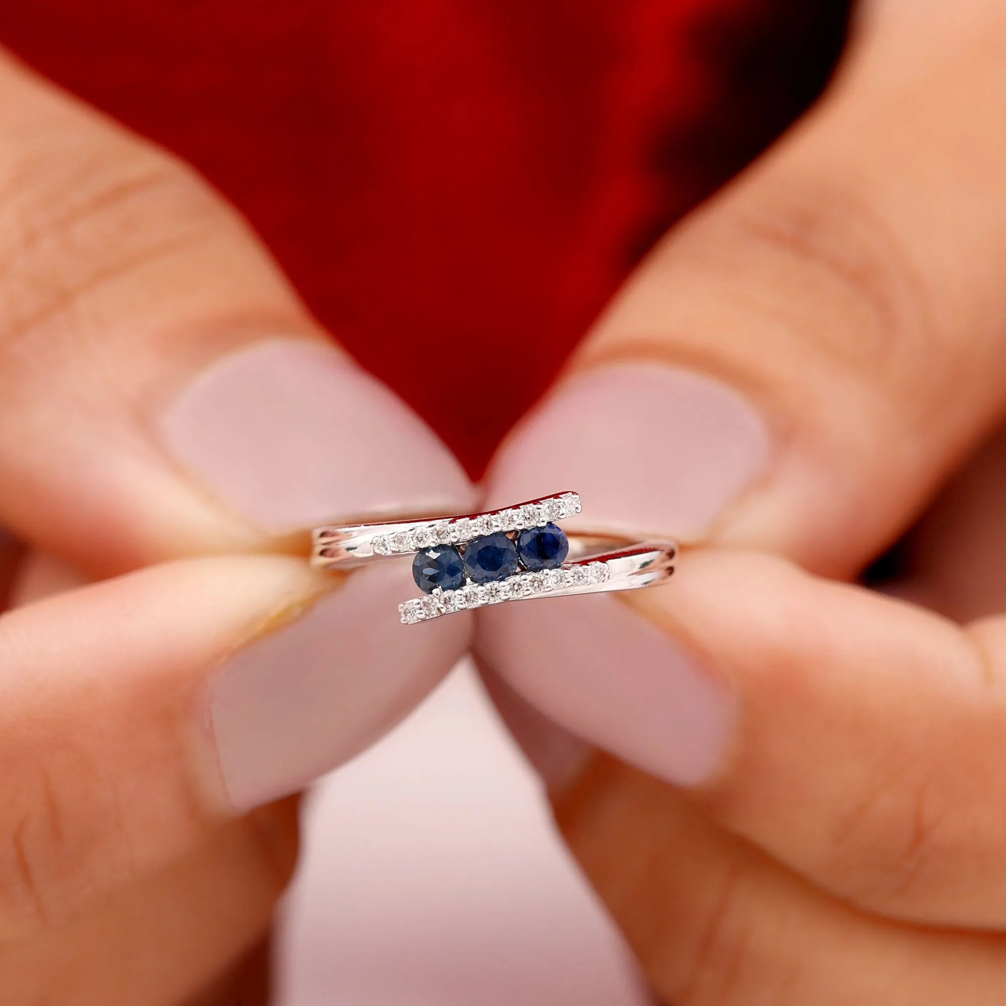 1/2 CT Three Stone Blue Sapphire Bypass Engagement Ring with Diamond