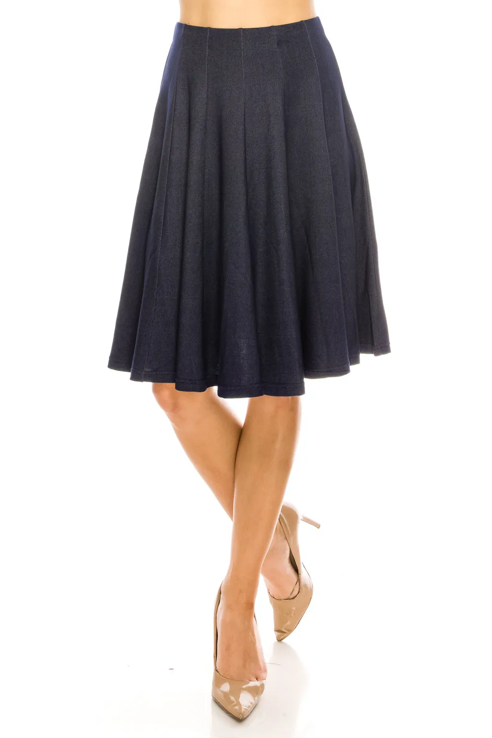 12 Panel Denim Flared A-line Knee Length Skirt