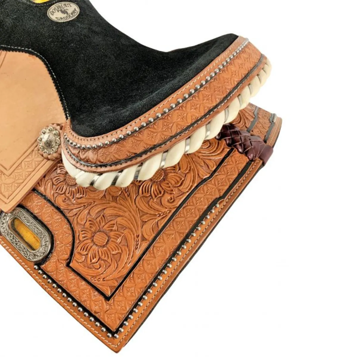 12" DOUBLE T  YOUTH BARREL STYLE SADDLE WITH HAND FLORAL TOOLING