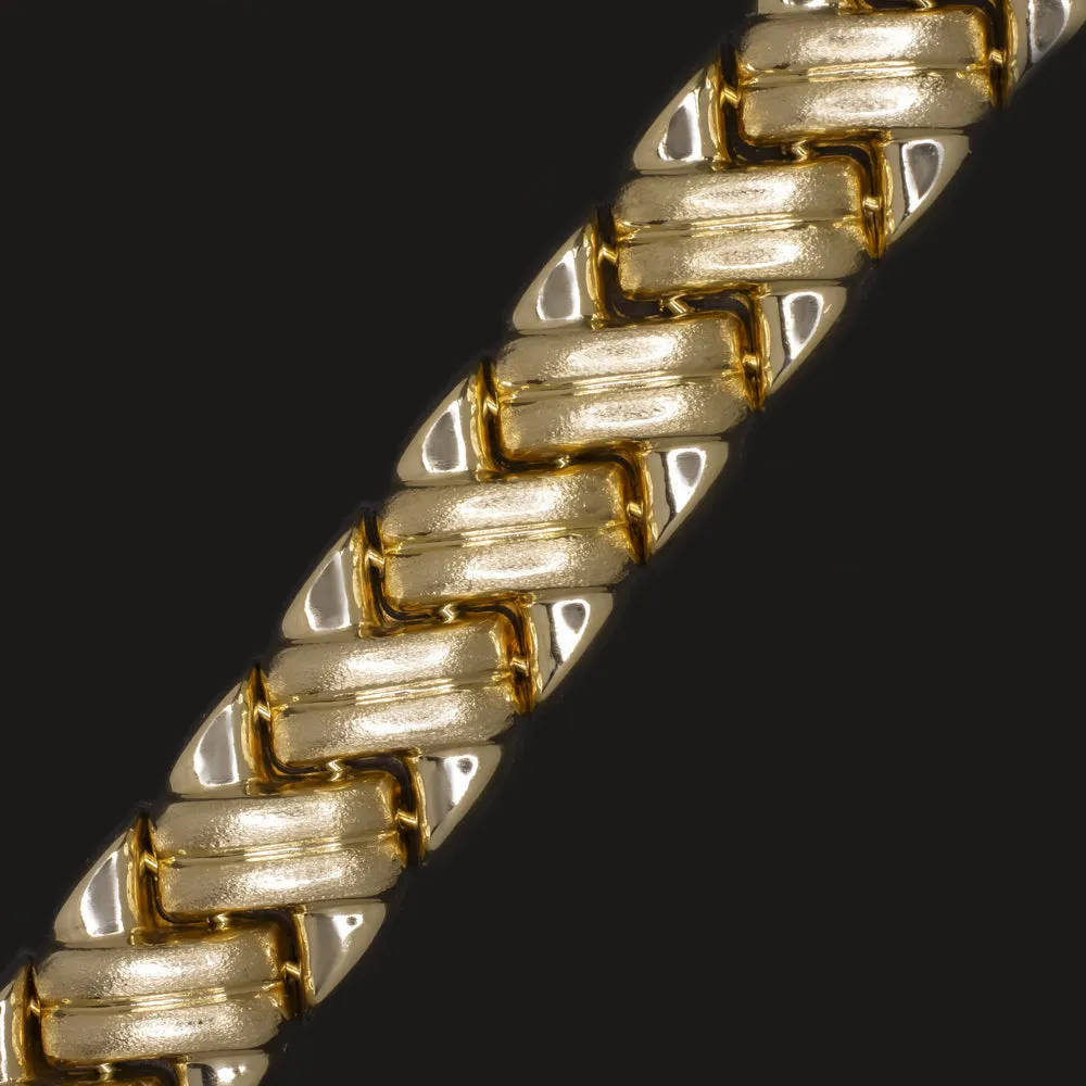 14k YELLOW GOLD BRACELET PUFFED LINK WIDE 20gm SATIN FINISH CROSS HATCH CHUNKY