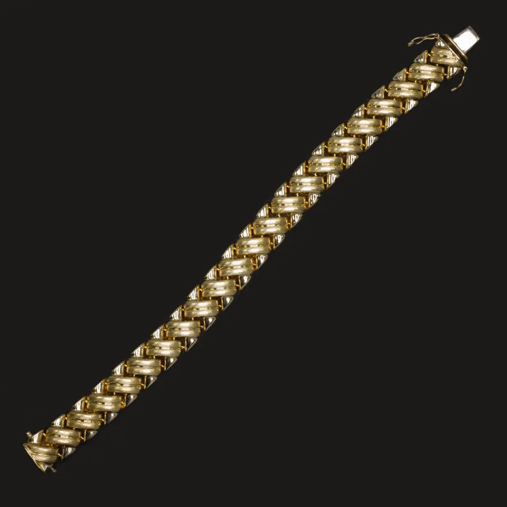 14k YELLOW GOLD BRACELET PUFFED LINK WIDE 20gm SATIN FINISH CROSS HATCH CHUNKY