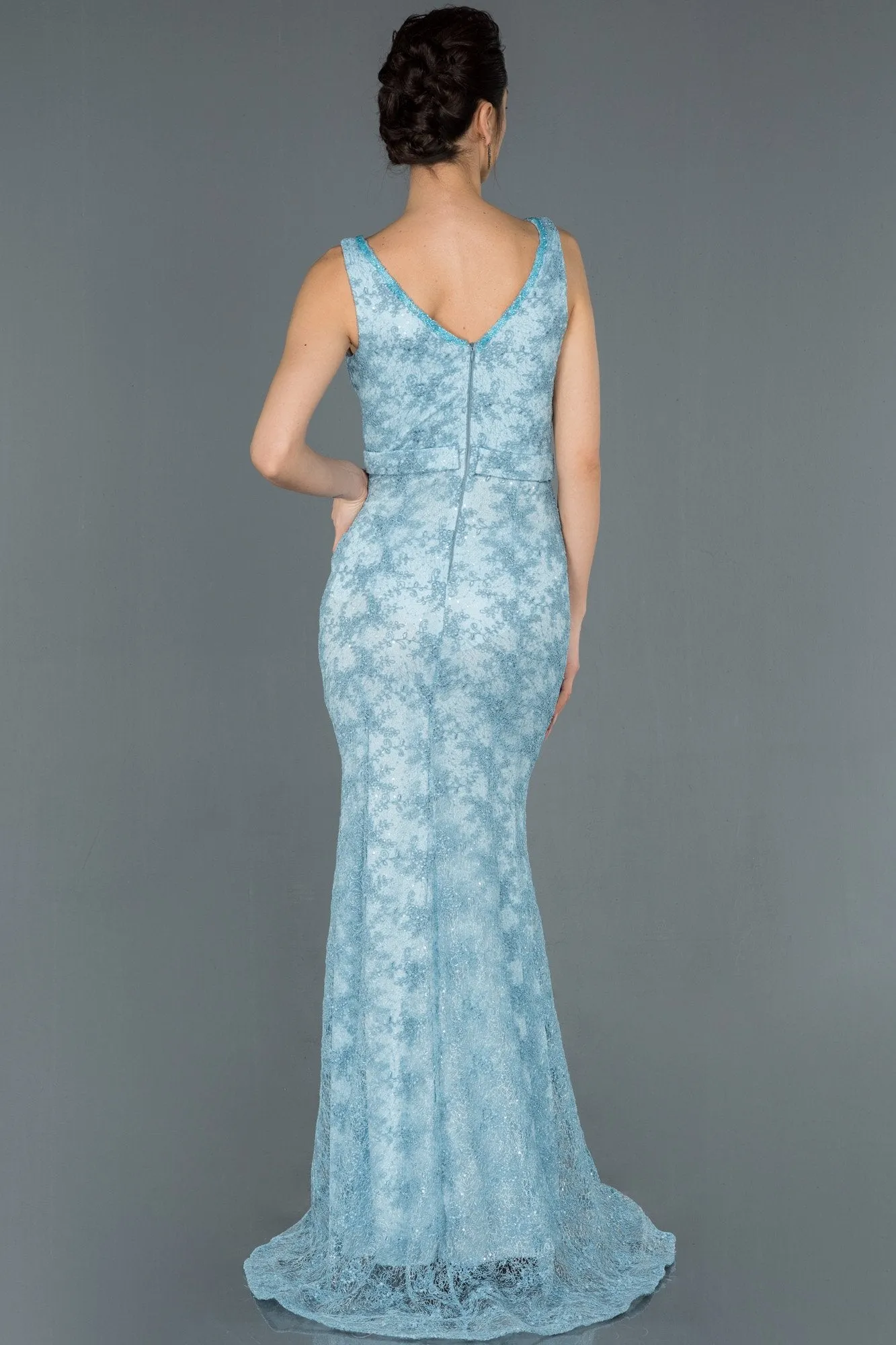 16746 Blue Belt Lace Shimmer Mermaid Dress