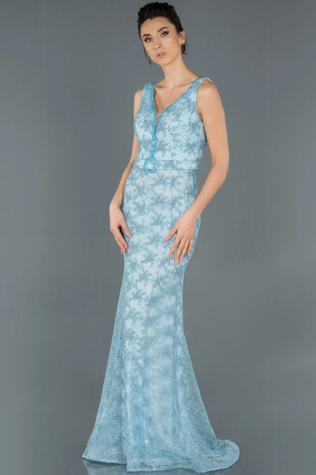 16746 Blue Belt Lace Shimmer Mermaid Dress