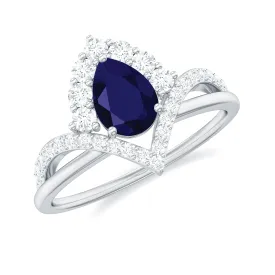 1.75 CT Pear Cut Blue Sapphire Designer Solitaire Ring with Diamond