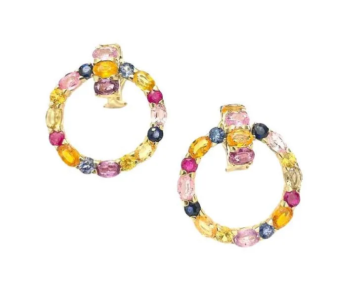 18 Karat Yellow Gold Multi-Color Sapphire Hoop Drop Earring