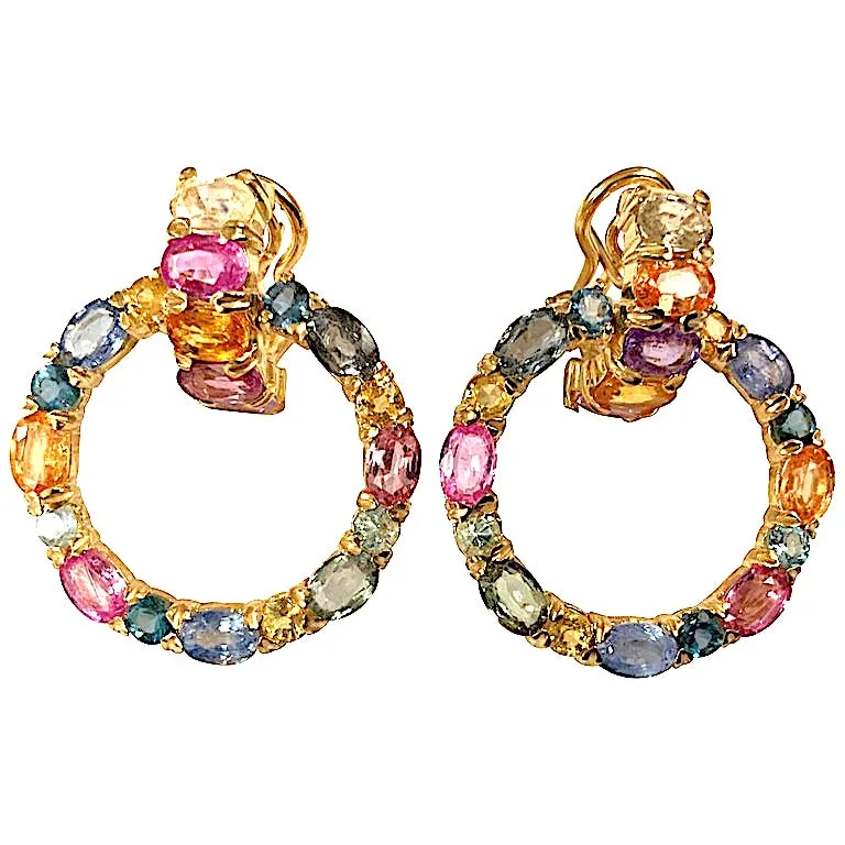 18 Karat Yellow Gold Multi-Color Sapphire Hoop Drop Earring