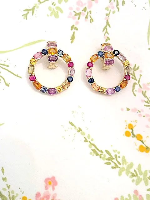 18 Karat Yellow Gold Multi-Color Sapphire Hoop Drop Earring