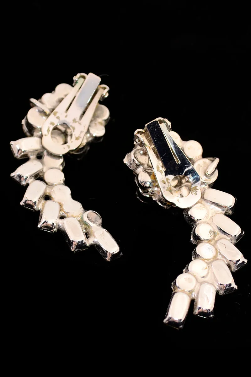 1950s Large Wing Shaped Climber Earrings w/ Rectangle Cut Rhinestones