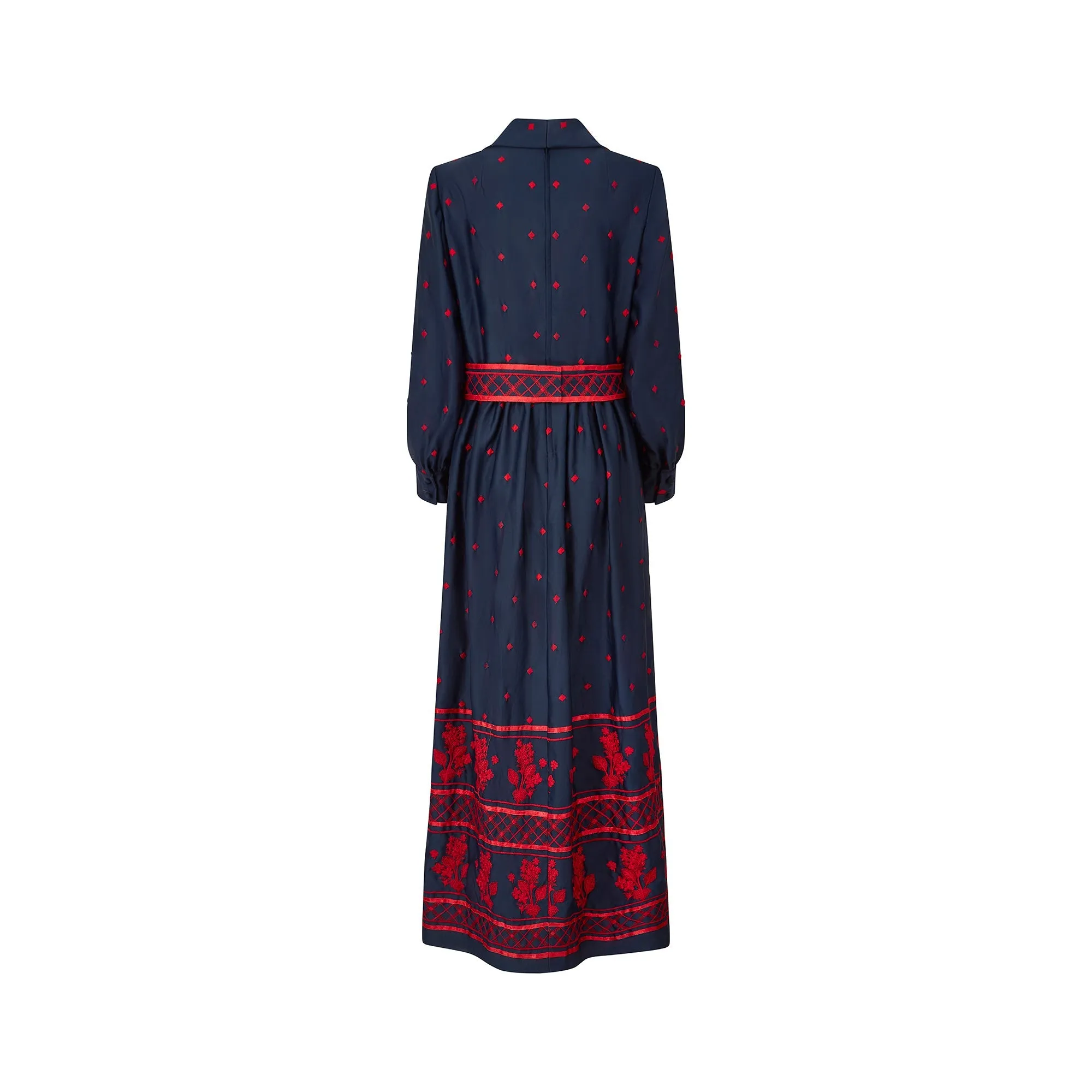 1970s Brenner Couture Navy and Red Embroidered Maxi Dress