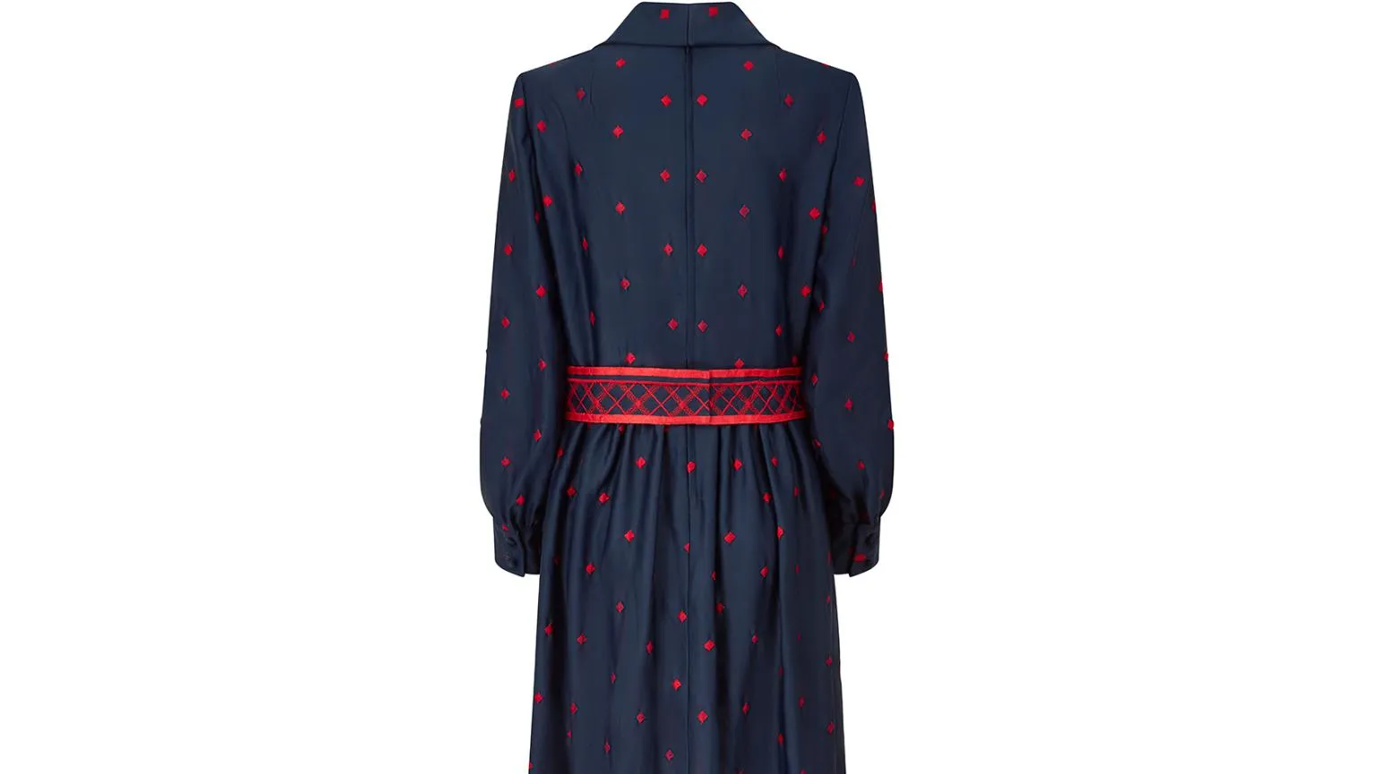 1970s Brenner Couture Navy and Red Embroidered Maxi Dress