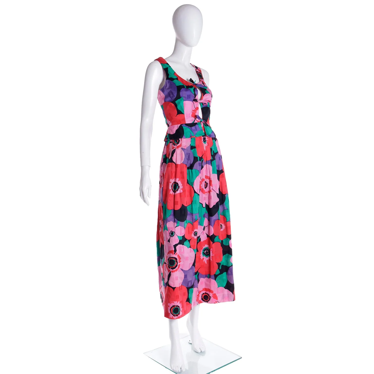 1970s Louis Feraud 2 pc Bold Floral Dress w Peek A Boo Sleeveless Top