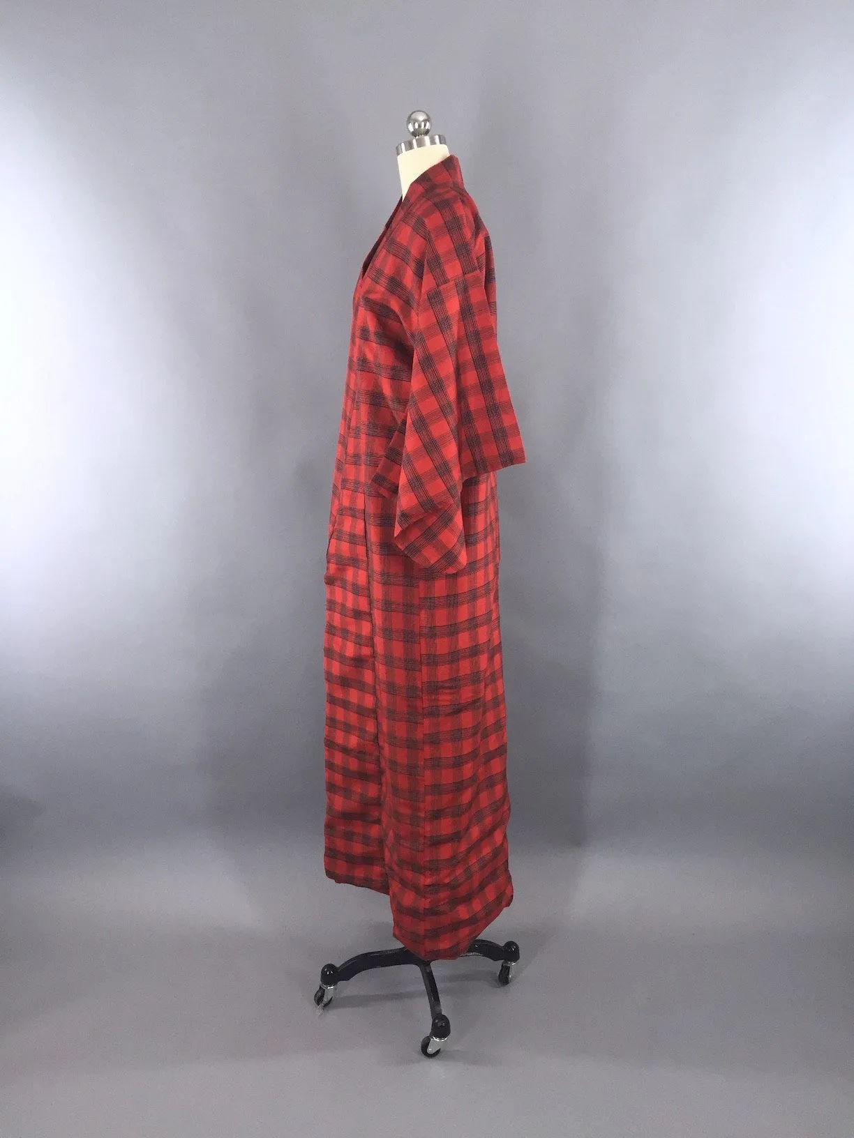 1970s Vintage Kimono Robe / Red Plaid Robe