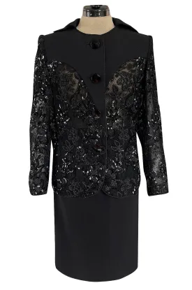 1980s Ady Couture Lausanne Transparent Lace & Sequin Jacket Suit w Black Pencil Skirt