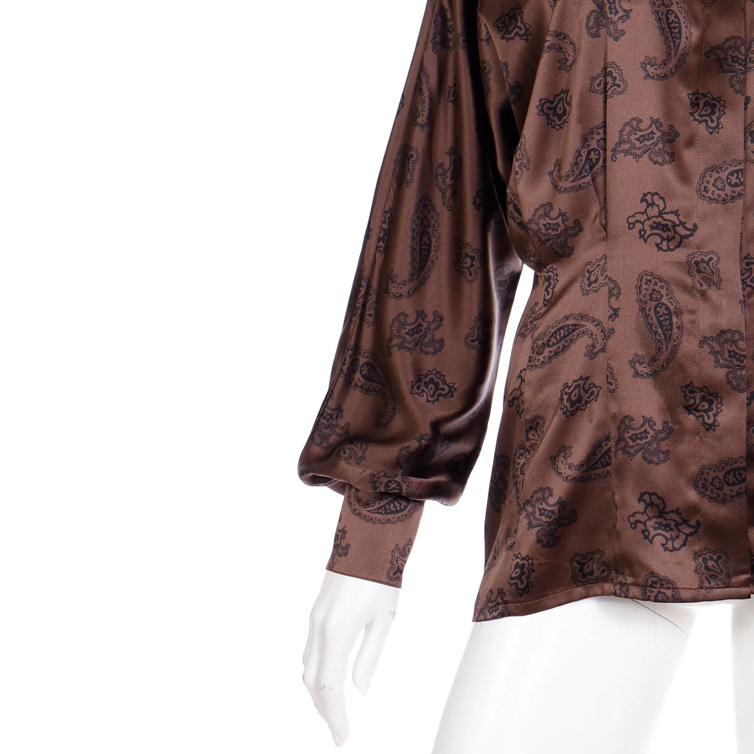 1980s Escada Margaretha Ley Brown & Black Paisley Silk Blouse