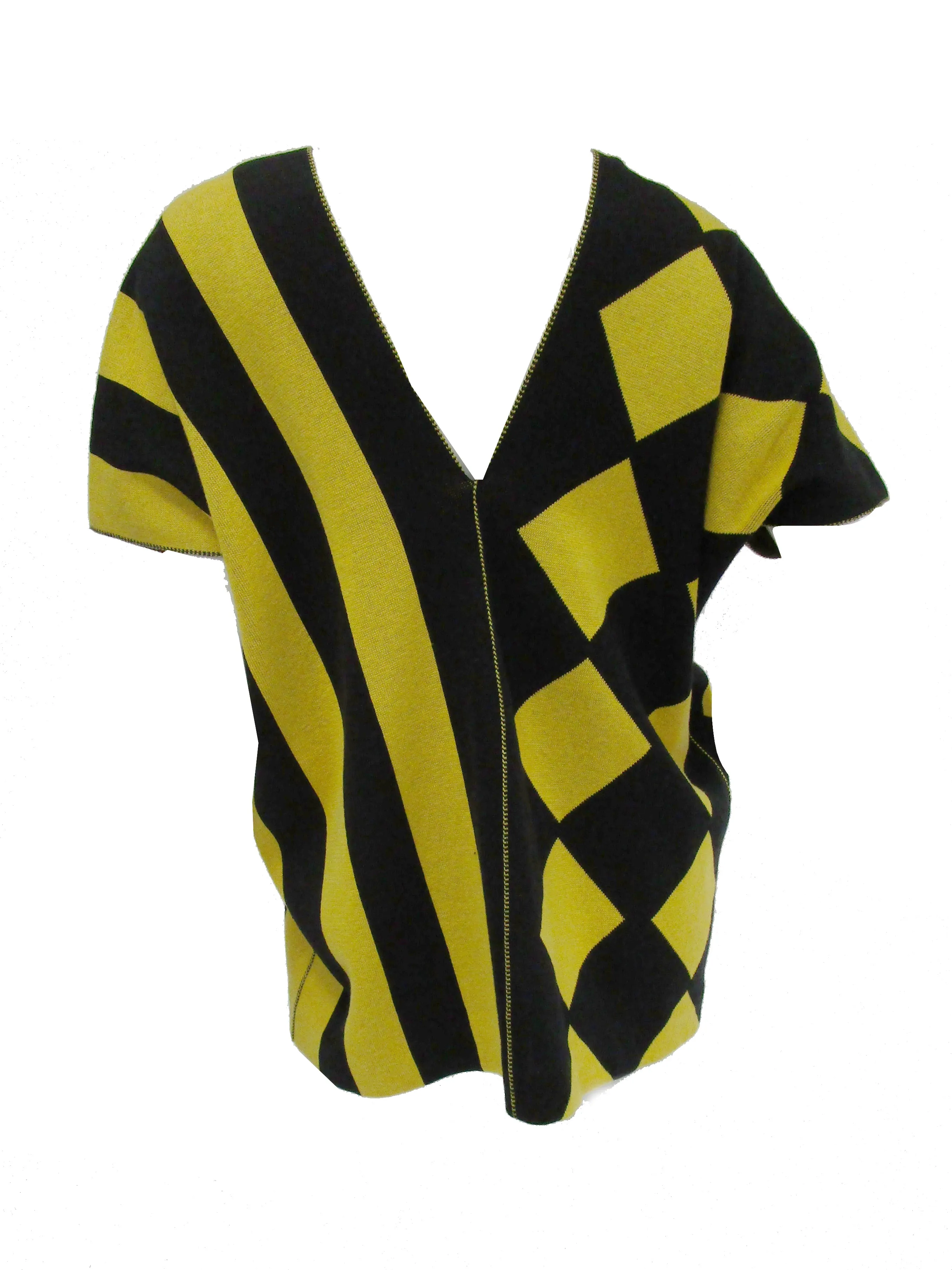 1980s Issey Miyake Yellow and Black Diamond and Stripe Cotton Knit Top