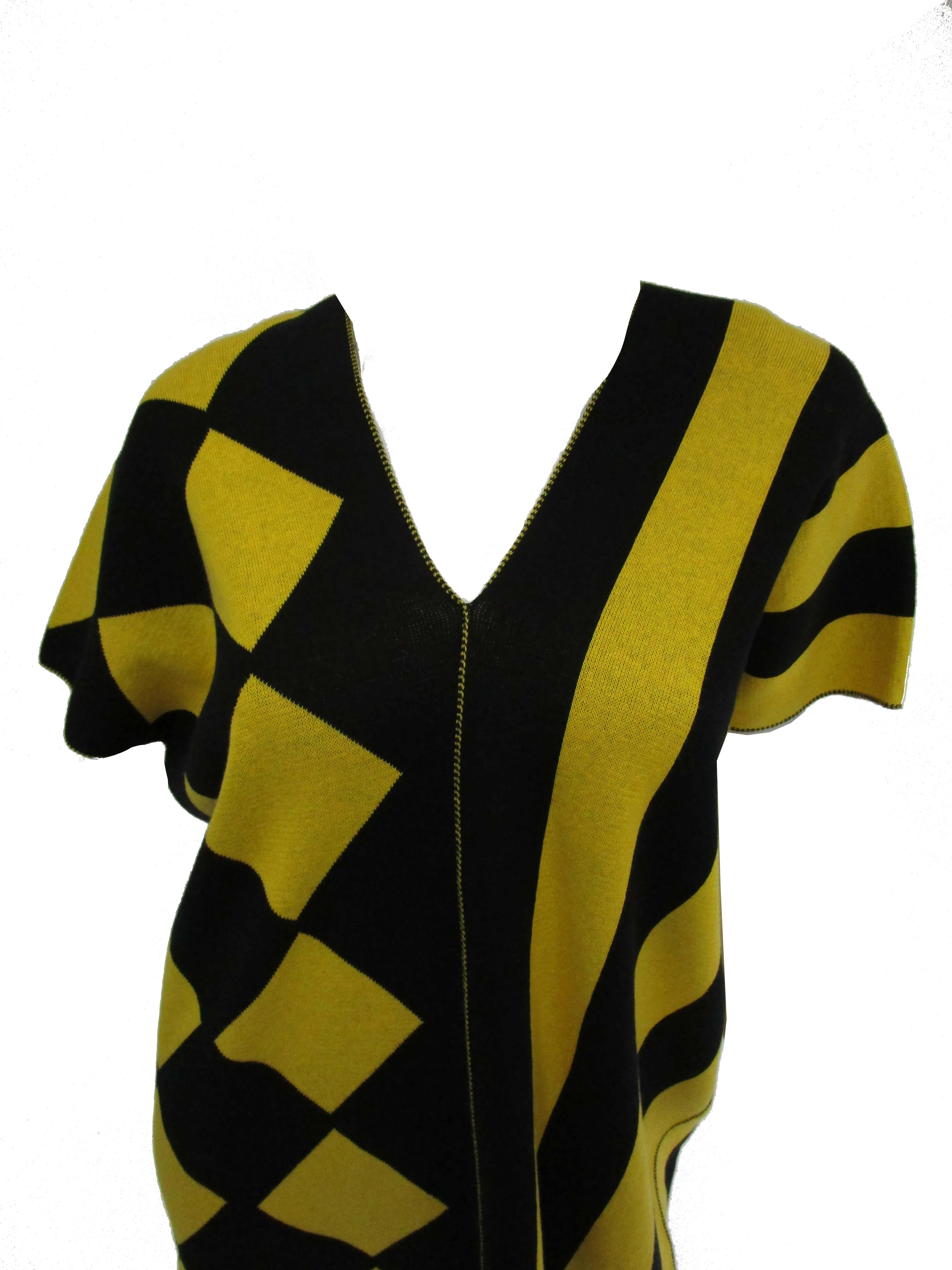 1980s Issey Miyake Yellow and Black Diamond and Stripe Cotton Knit Top