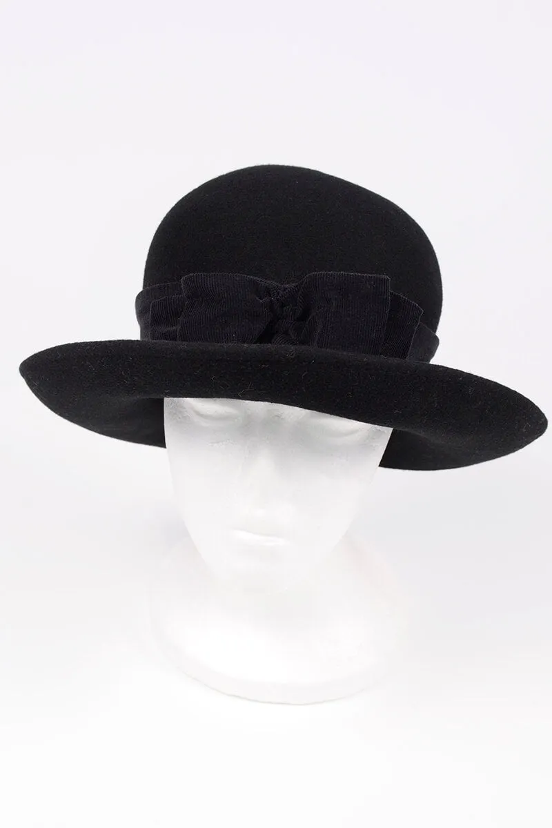 1980s Laura Ashley Black Wool Hat w/ Black Ribbed Bow