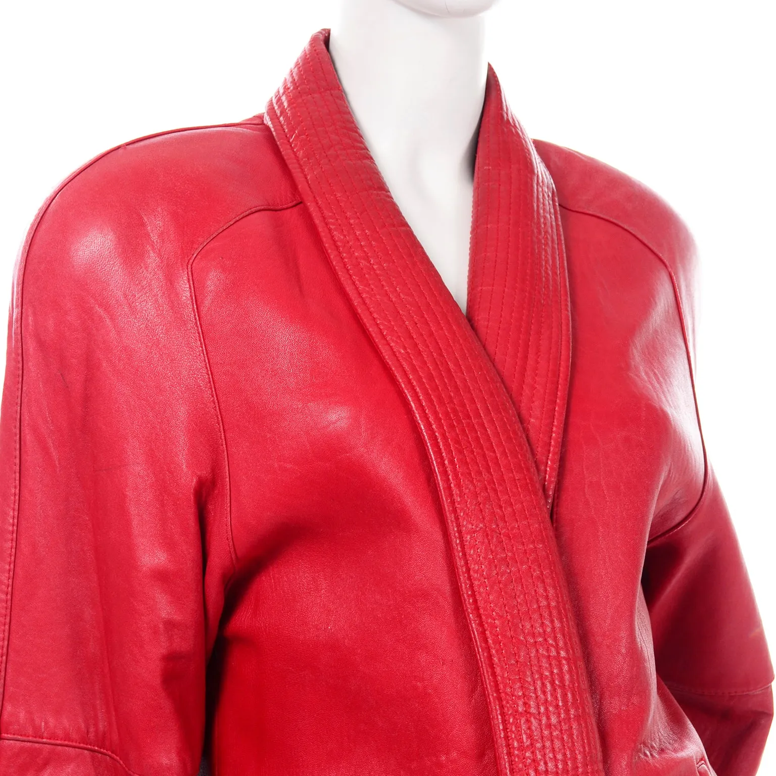 1980s Red Vintage Leather Open Front Coat With Shawl Collar