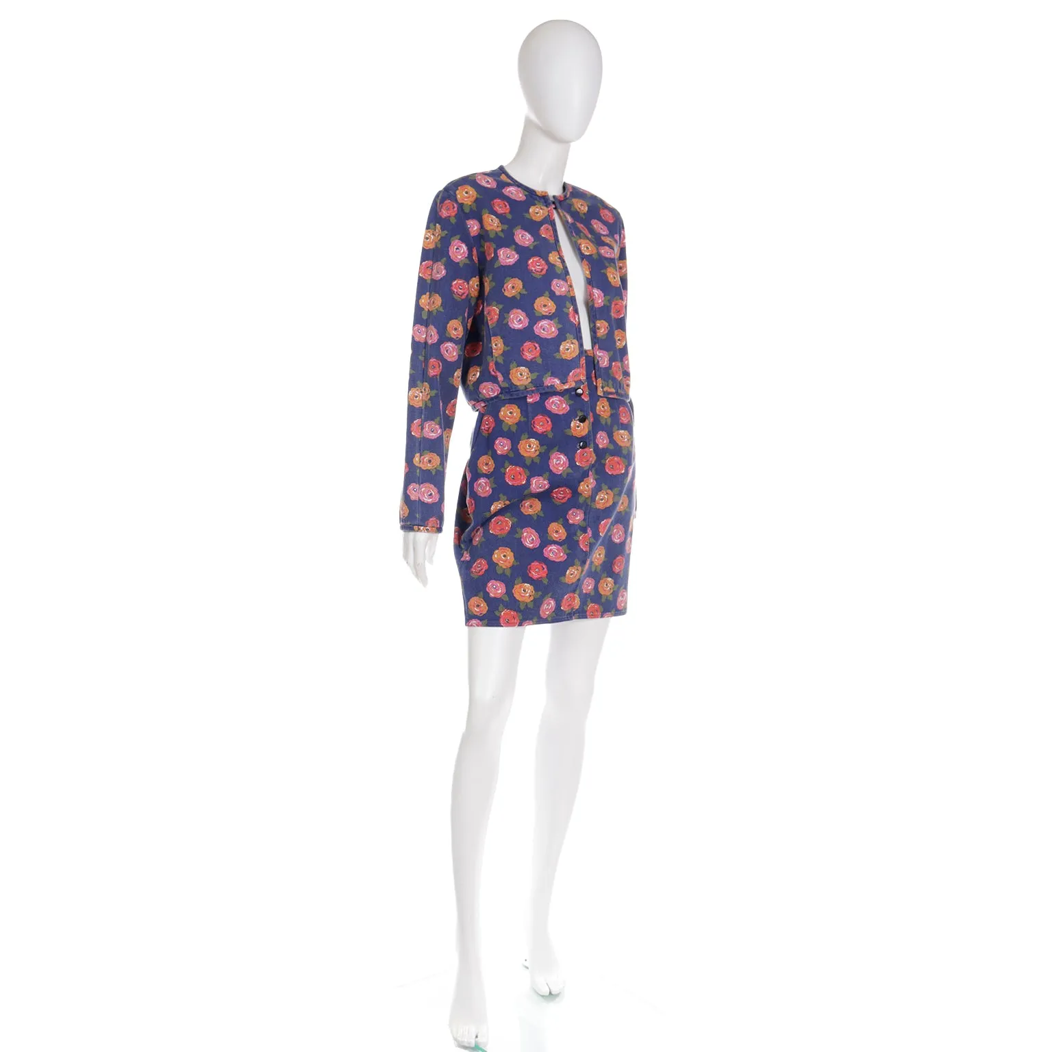 1980s Ungaro Floral Denim Jacket and Mini Skirt Two Piece Suit