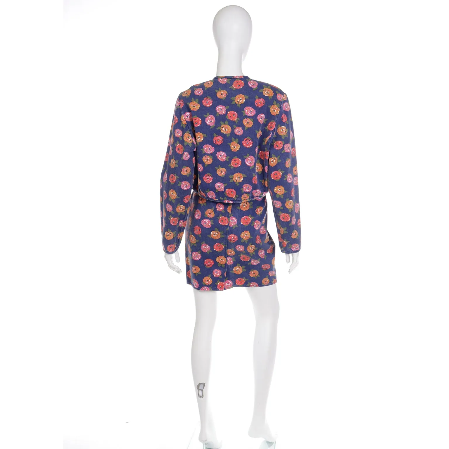 1980s Ungaro Floral Denim Jacket and Mini Skirt Two Piece Suit