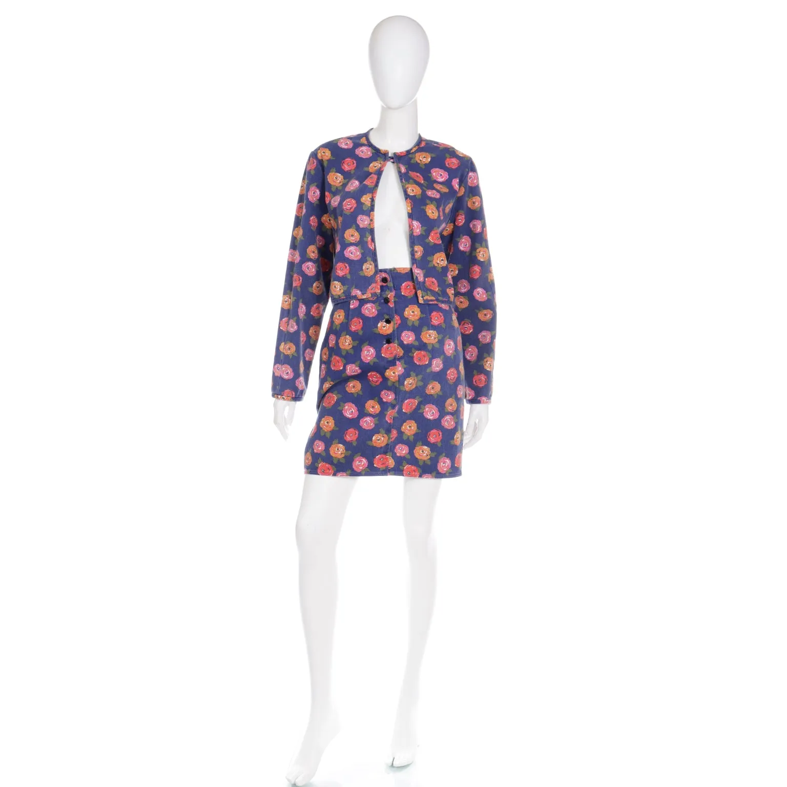 1980s Ungaro Floral Denim Jacket and Mini Skirt Two Piece Suit