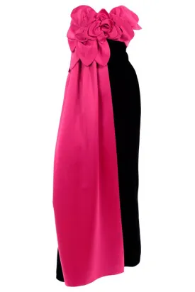 1980s Victor Costa Black Velvet Strapless Evening Dress w Hot Pink Satin