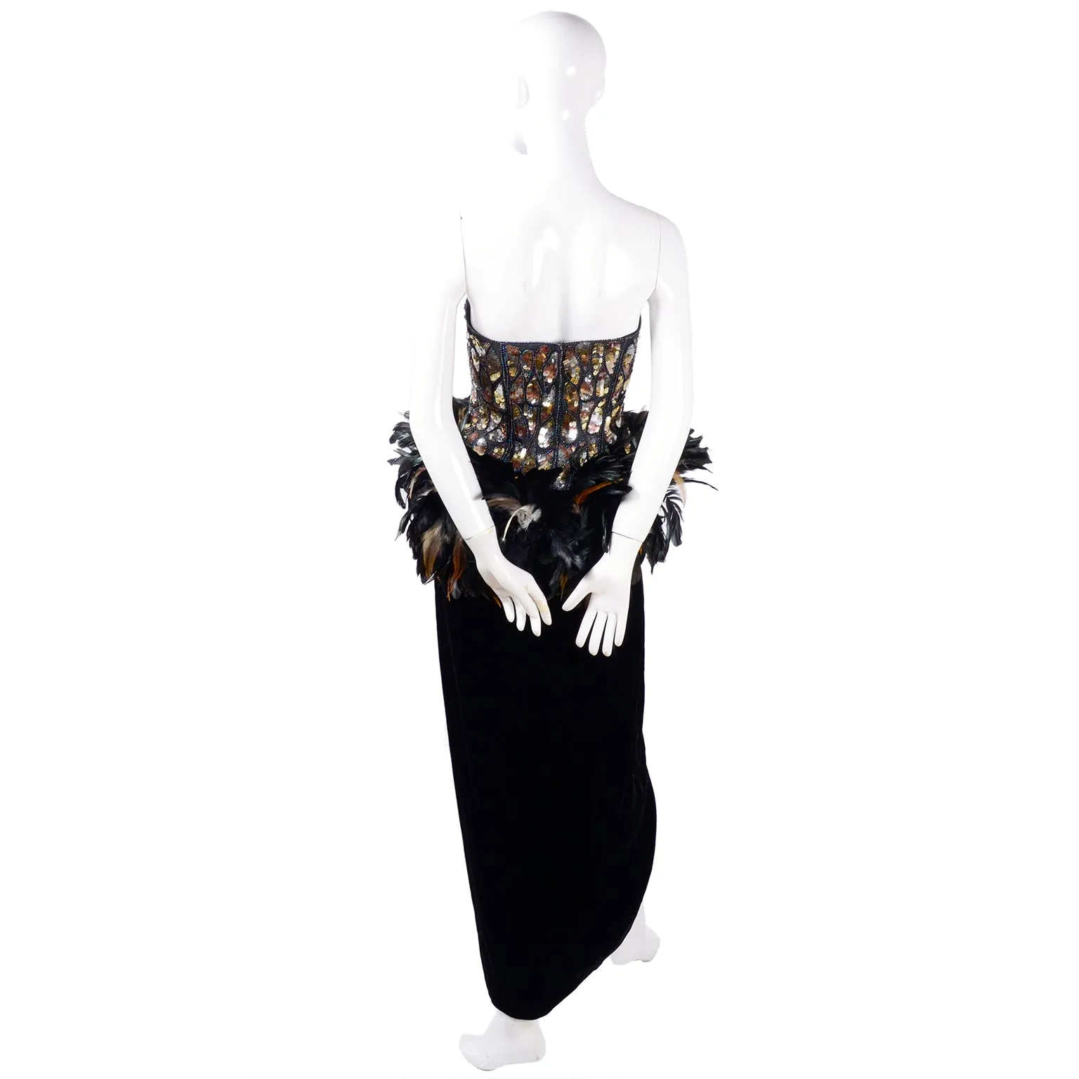 1980s Victor Costa Velvet Vintage Evening Gown w/ Sequins & Feathers