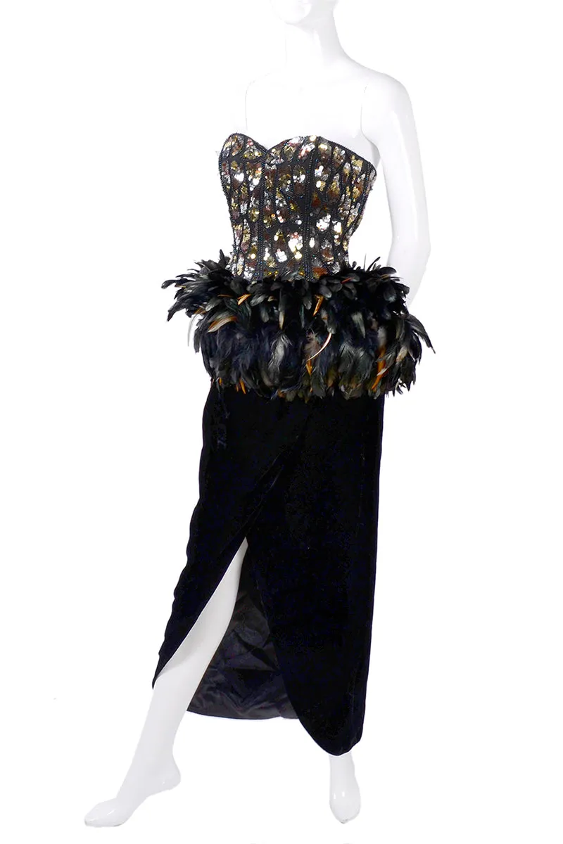 1980s Victor Costa Velvet Vintage Evening Gown w/ Sequins & Feathers